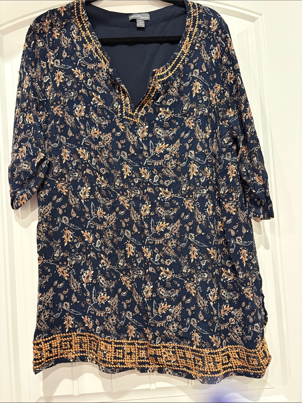 Market Spruce Navy Paisley Tunic with Gold Embellished Trim